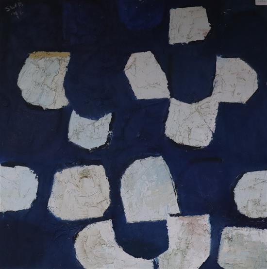 Stella W Rankin (1915-2009), oil on canvas board, Blue and white abstract painting, initialled SWR and dated 72, 76 x 76cm